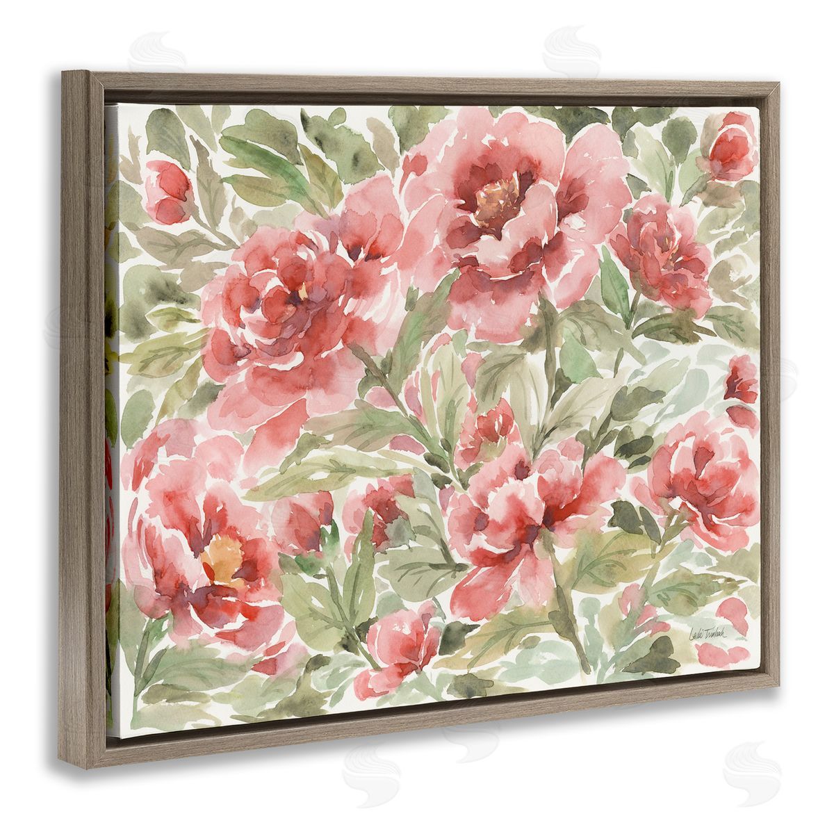 Pink Peonies Pattern Brown Floating Frame Canvas Wall Art, Home Decor by Leslie Trimbach