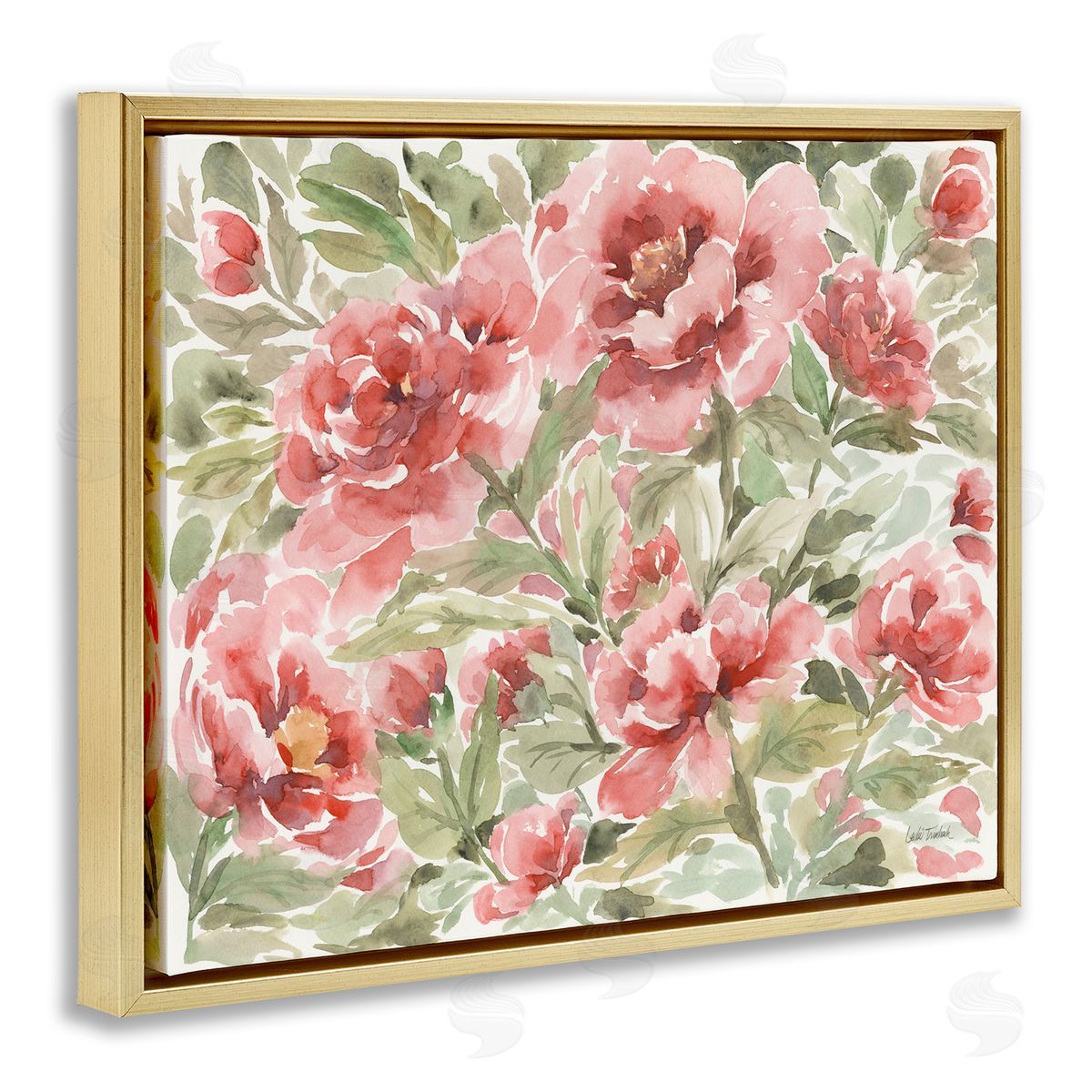 Pink Peonies Pattern Gold Floating Frame Canvas Wall Art, Home Decor by Leslie Trimbach