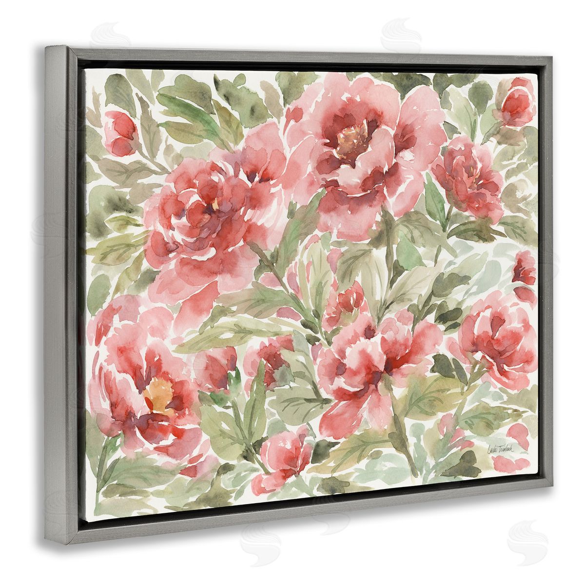 Pink Peonies Pattern Grey Floating Frame Canvas Wall Art, Home Decor by Leslie Trimbach