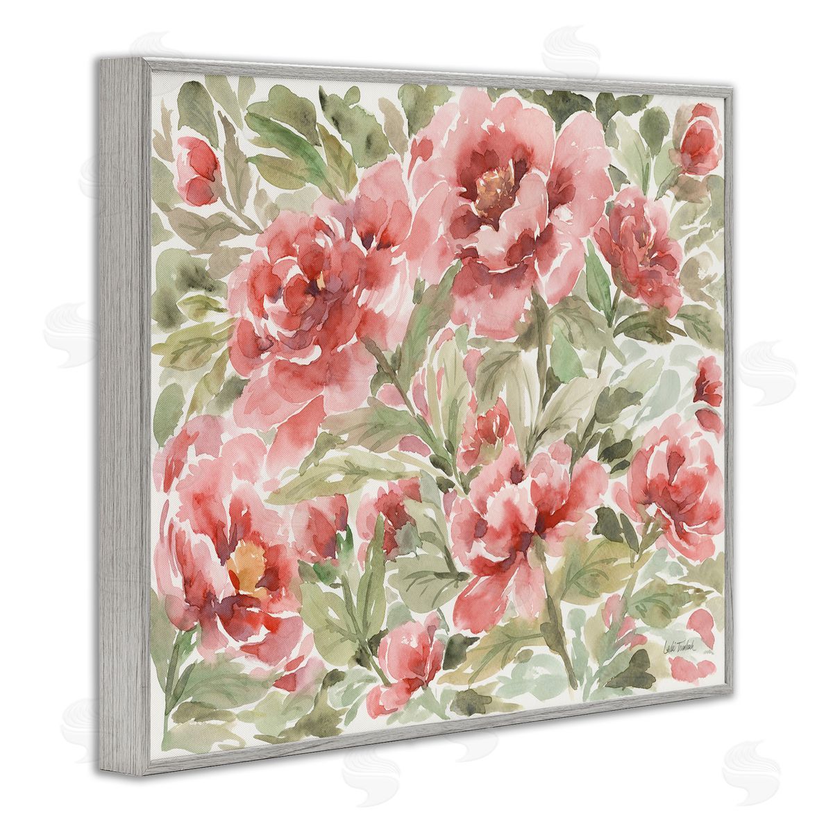 Pink Peonies Pattern Grey Frame Print Wall Art, Home Decor by Leslie Trimbach