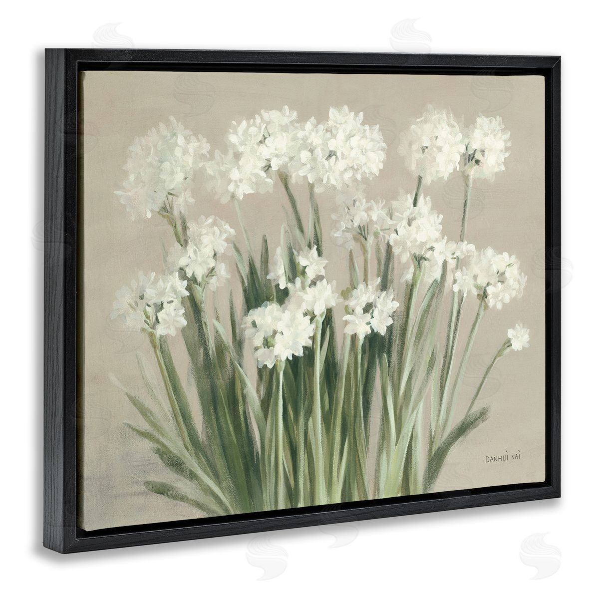 Snowy Floral Paperwhites Black Floating Frame Canvas Wall Art, Home Decor by Danhui Nai