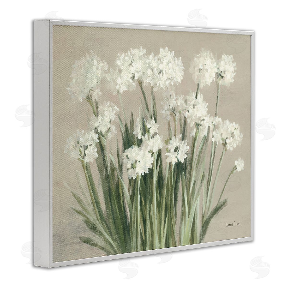 Snowy Floral Paperwhites White Frame Print Wall Art, Home Decor by Danhui Nai