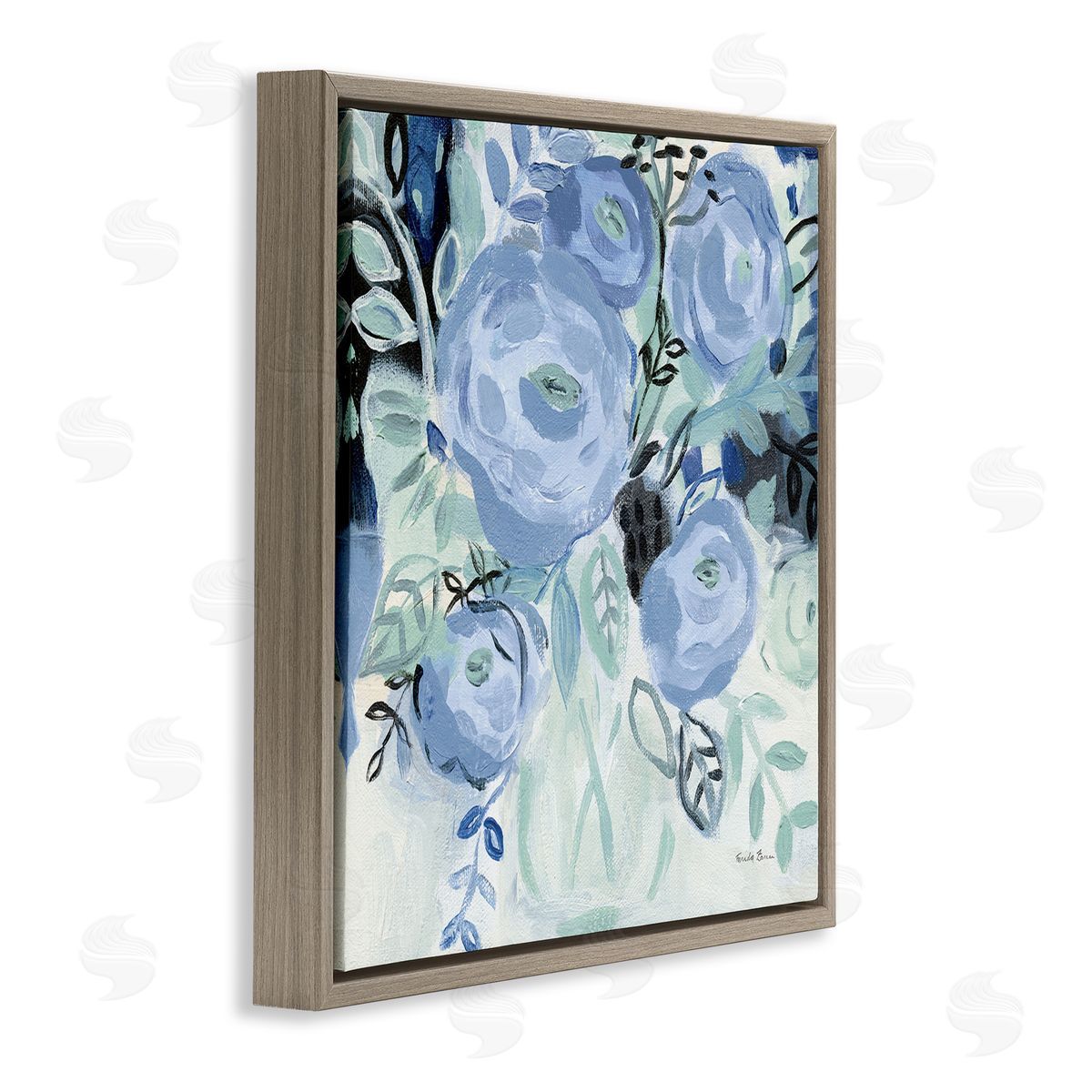 Blue Coastal Blooms Brown Floating Frame Canvas Wall Art, Home Decor by Farida Zaman