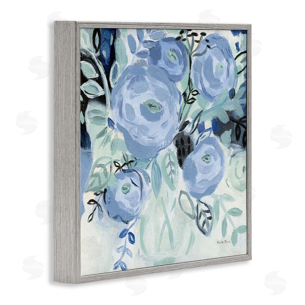 Blue Coastal Blooms Grey Frame Print Wall Art, Home Decor by Farida Zaman