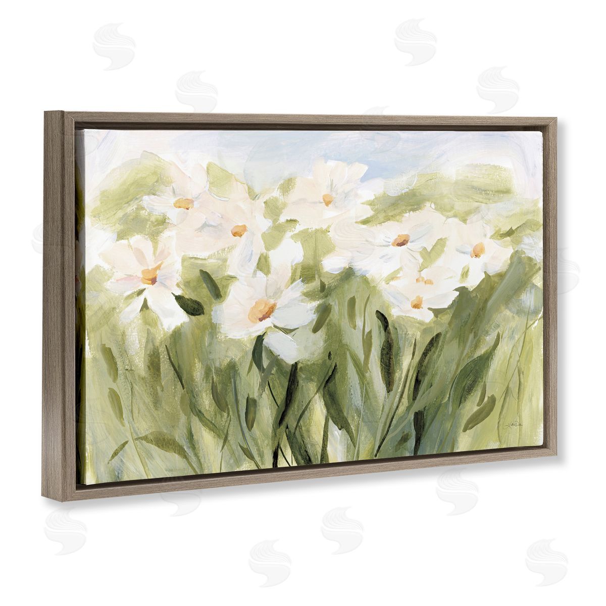 Daisy Meadow View Brown Floating Frame Canvas Wall Art, Home Decor by Katrina Pete