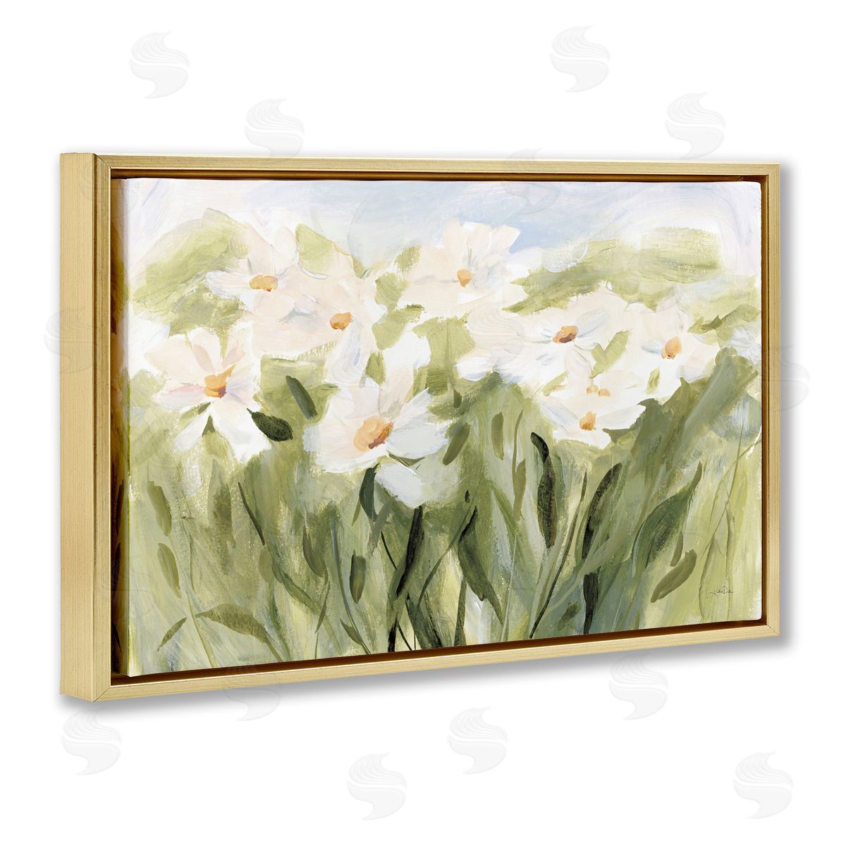 Daisy Meadow View Gold Floating Frame Canvas Wall Art, Home Decor by Katrina Pete