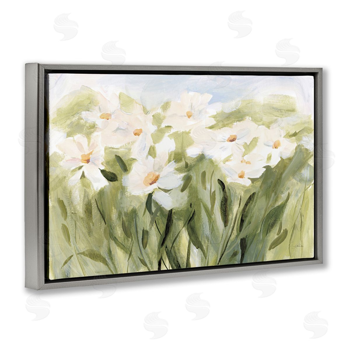 Daisy Meadow View Grey Floating Frame Canvas Wall Art, Home Decor by Katrina Pete