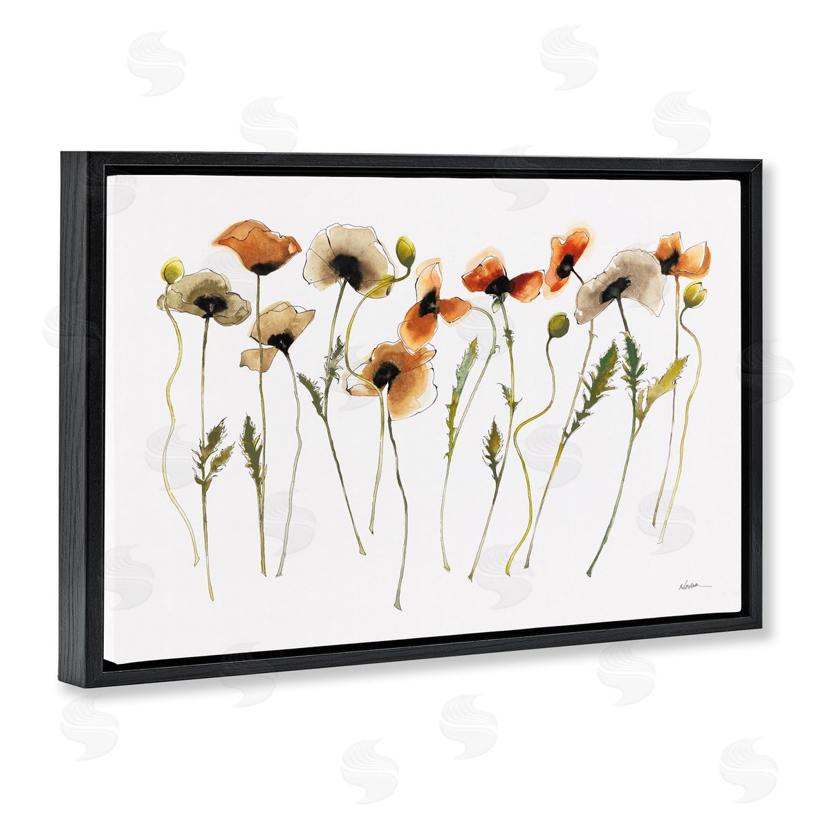 Autumn Poppy Sprigs Black Floating Frame Canvas Wall Art, Home Decor by Shirley Novak