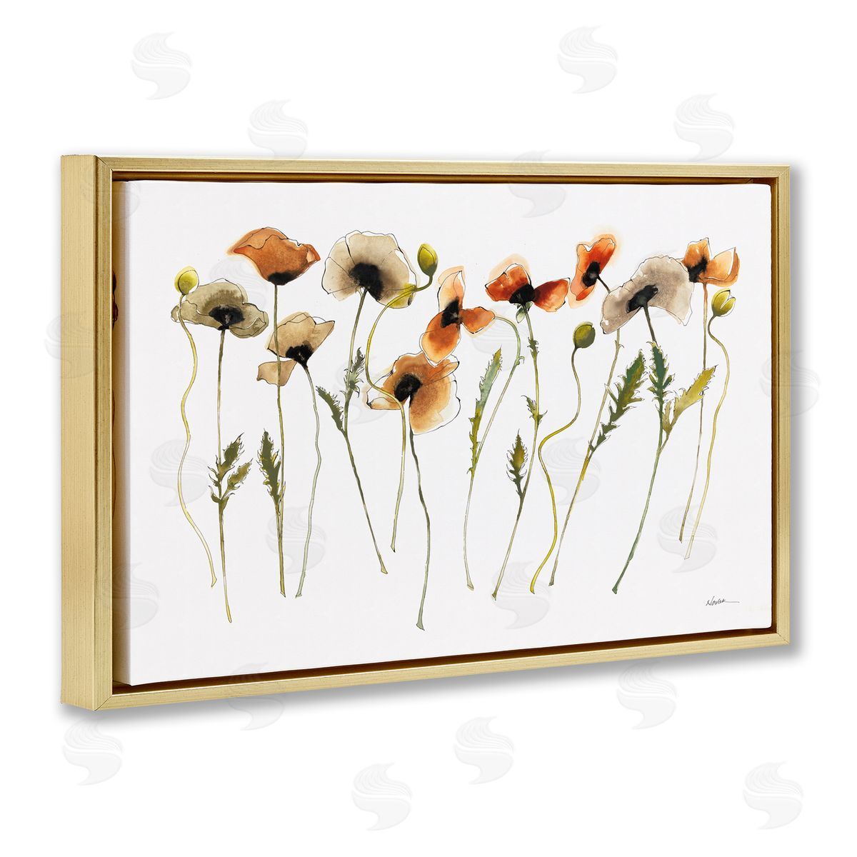 Autumn Poppy Sprigs Gold Floating Frame Canvas Wall Art, Home Decor by Shirley Novak