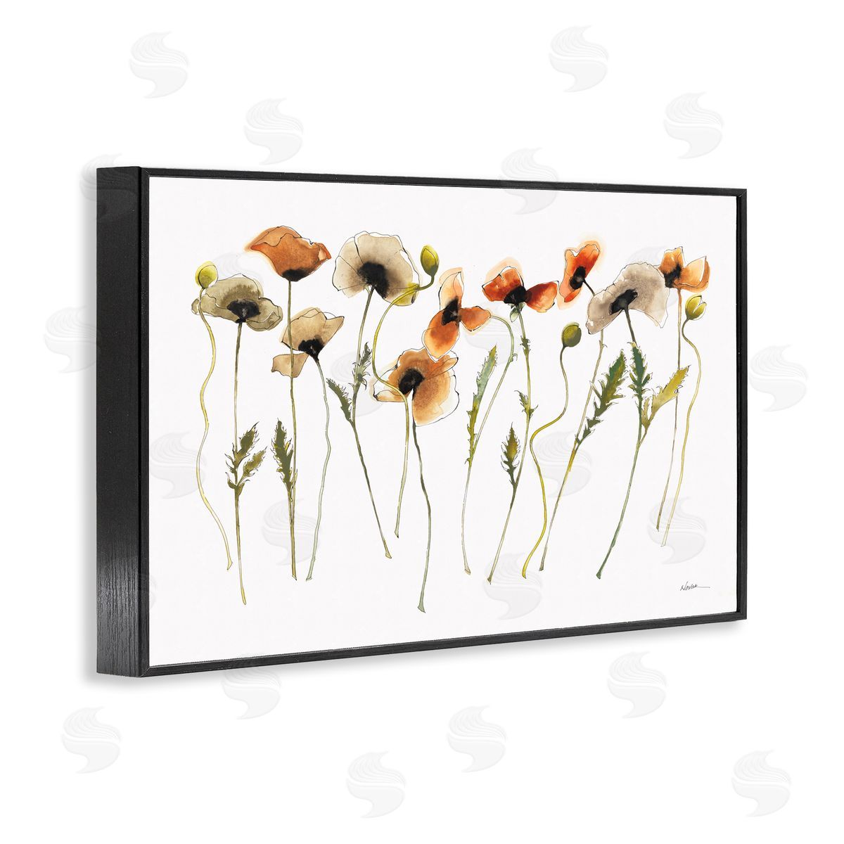 Autumn Poppy Sprigs Black Frame Print Wall Art, Home Decor by Shirley Novak