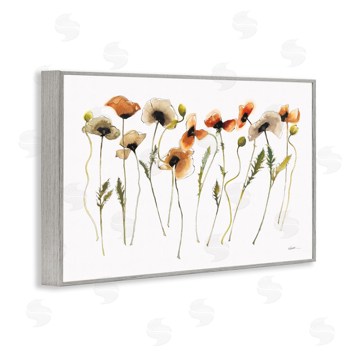 Autumn Poppy Sprigs Grey Frame Print Wall Art, Home Decor by Shirley Novak