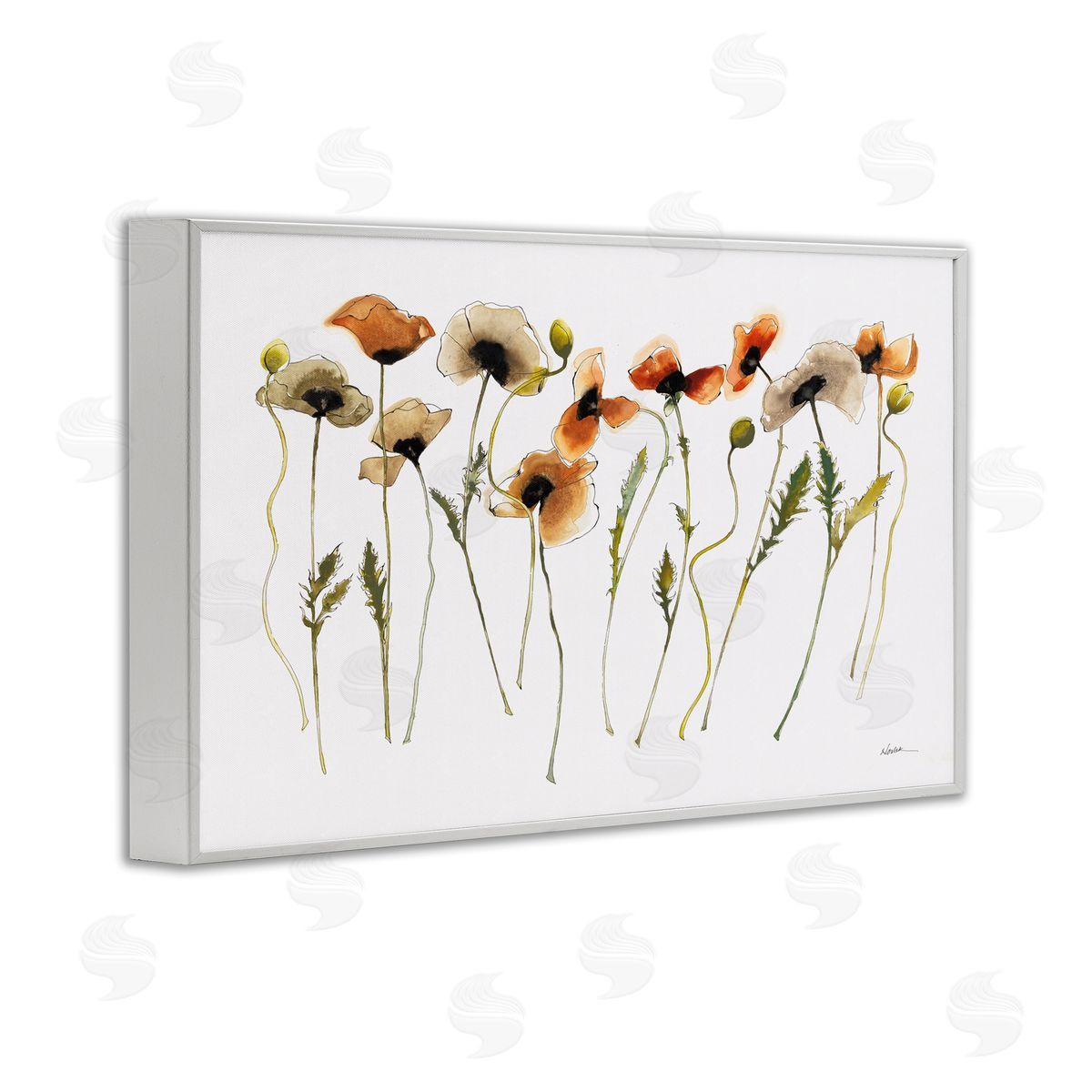 Autumn Poppy Sprigs White Frame Print Wall Art, Home Decor by Shirley Novak