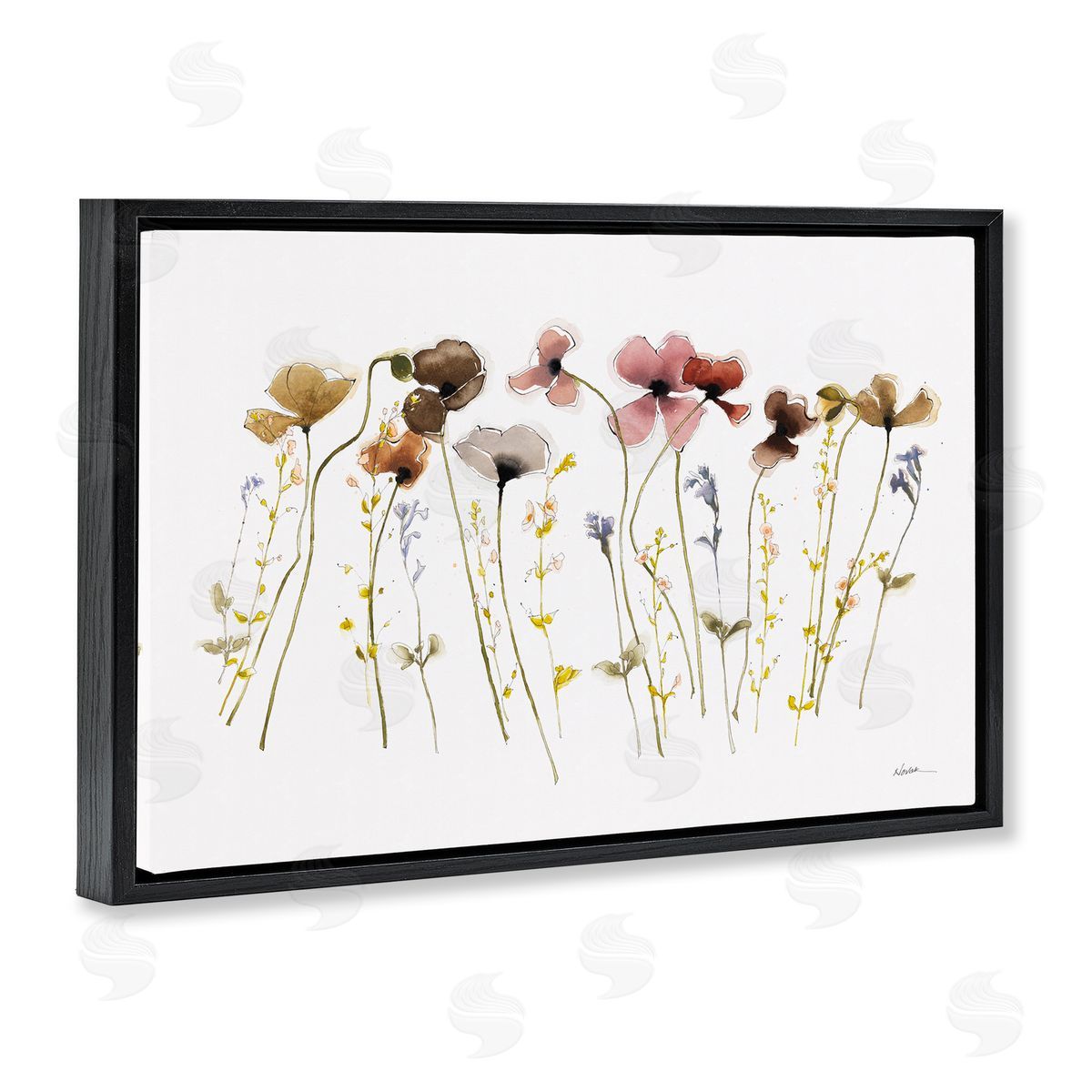 Spring Poppy Sprigs Black Floating Frame Canvas Wall Art, Home Decor by Shirley Novak