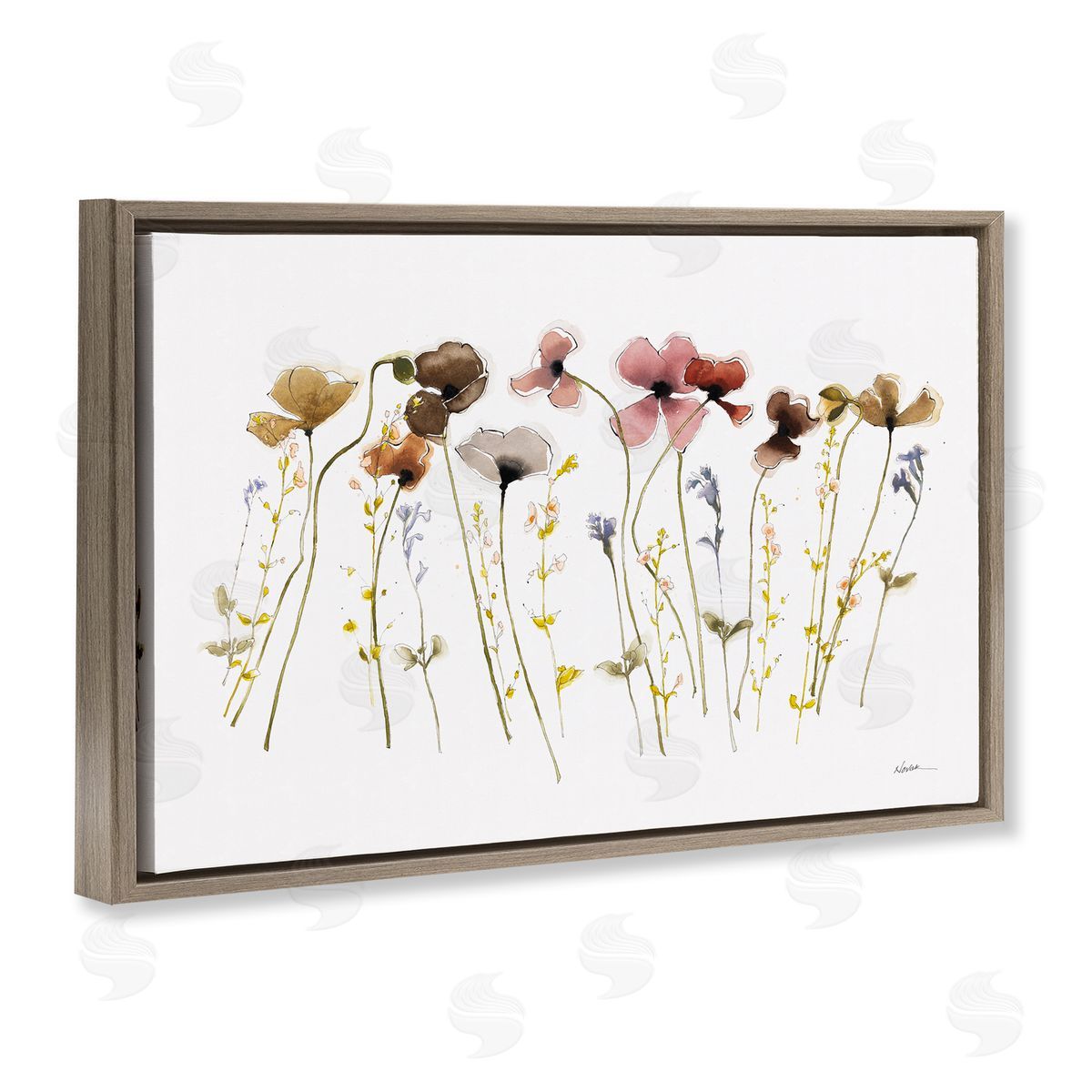 Spring Poppy Sprigs Brown Floating Frame Canvas Wall Art, Home Decor by Shirley Novak
