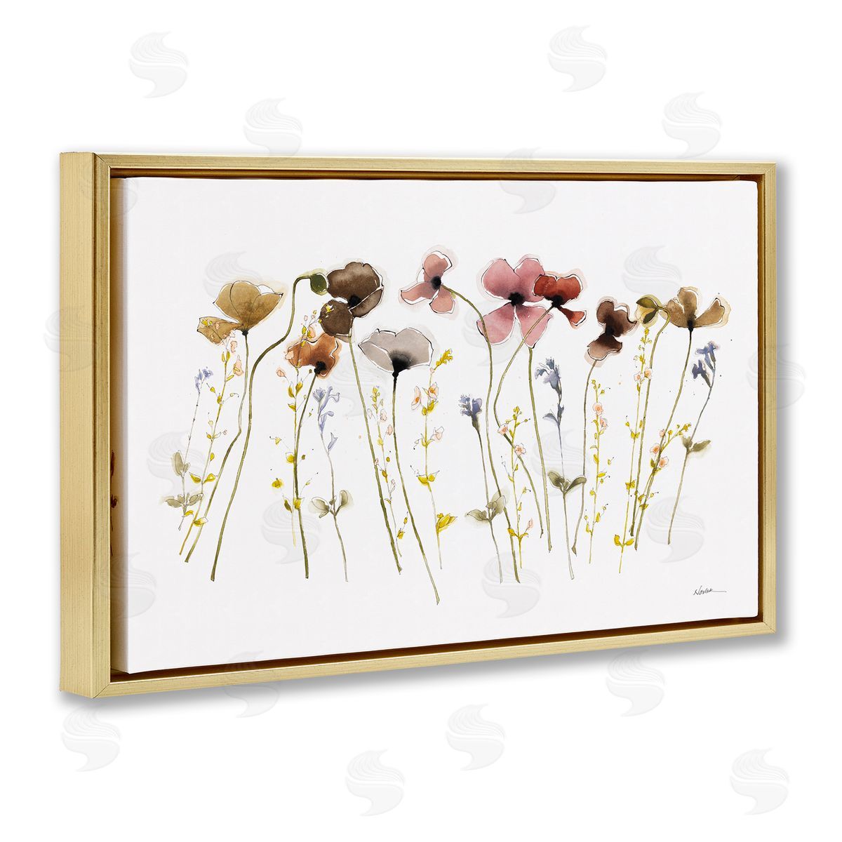 Spring Poppy Sprigs Gold Floating Frame Canvas Wall Art, Home Decor by Shirley Novak