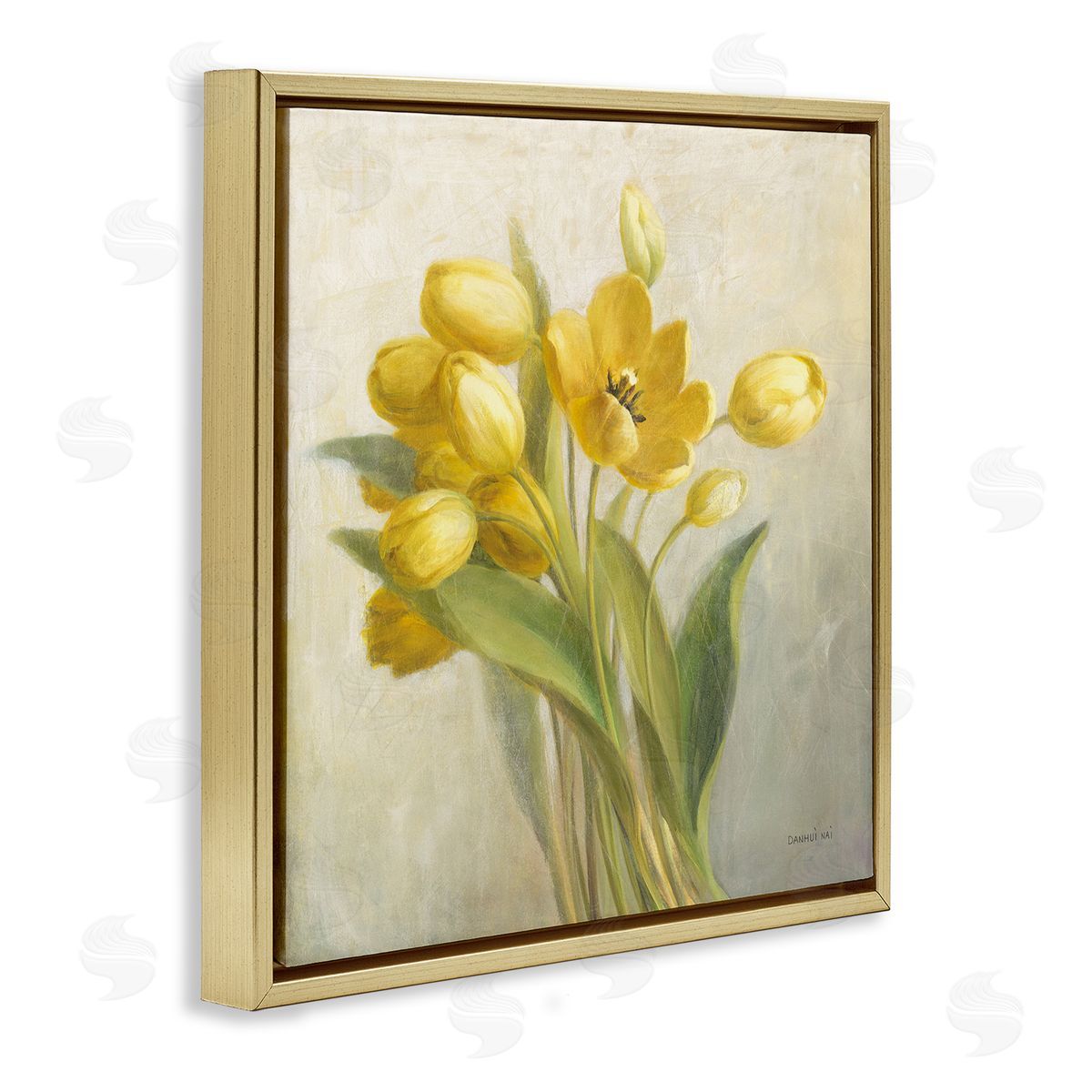 French Yellow Tulips Gold Floating Frame Canvas Wall Art, Home Decor by Danhui Nai