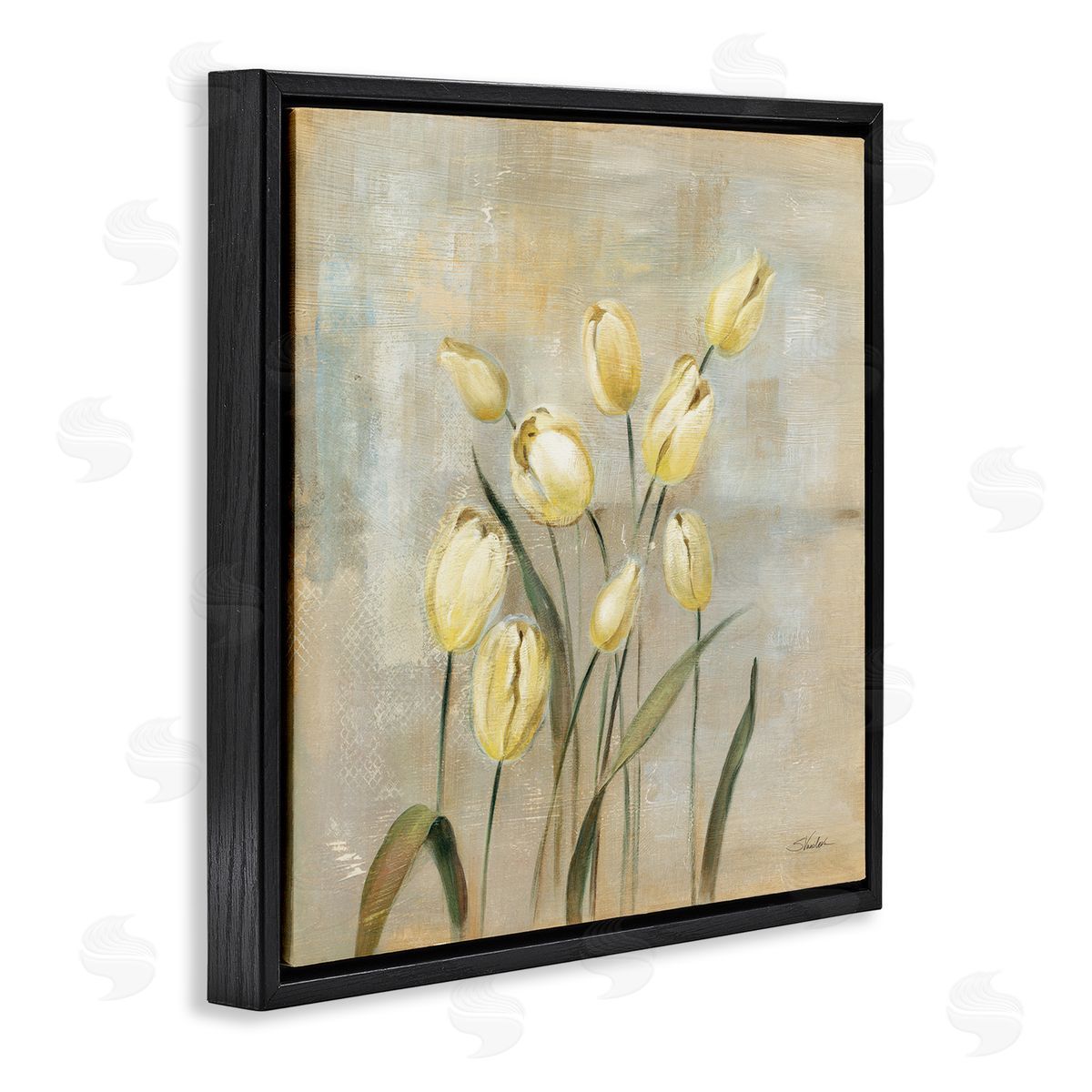 Yellow Tulips on Beige Black Floating Frame Canvas Wall Art, Home Decor by Silvia Vassileva