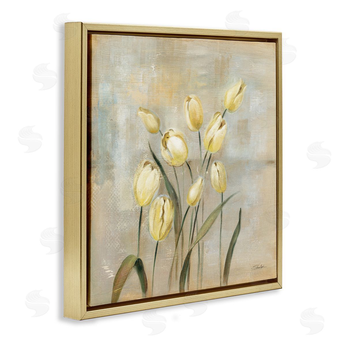 Yellow Tulips on Beige Gold Floating Frame Canvas Wall Art, Home Decor by Silvia Vassileva