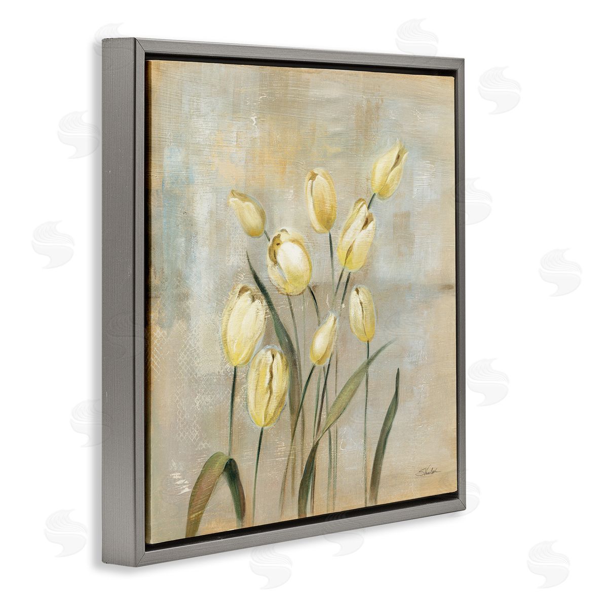 Yellow Tulips on Beige Grey Floating Frame Canvas Wall Art, Home Decor by Silvia Vassileva