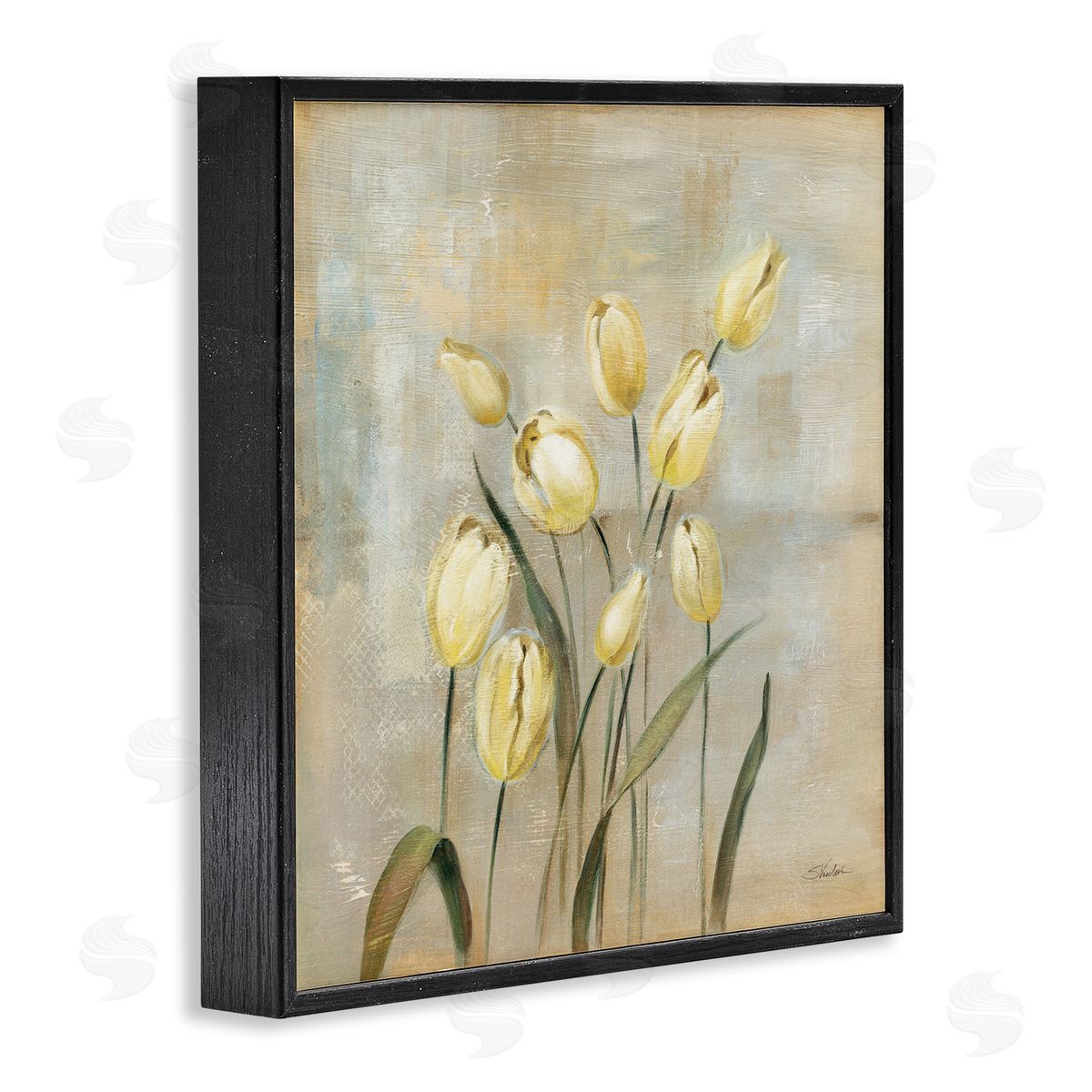 Yellow Tulips on Beige Black Frame Print Wall Art, Home Decor by Silvia Vassileva