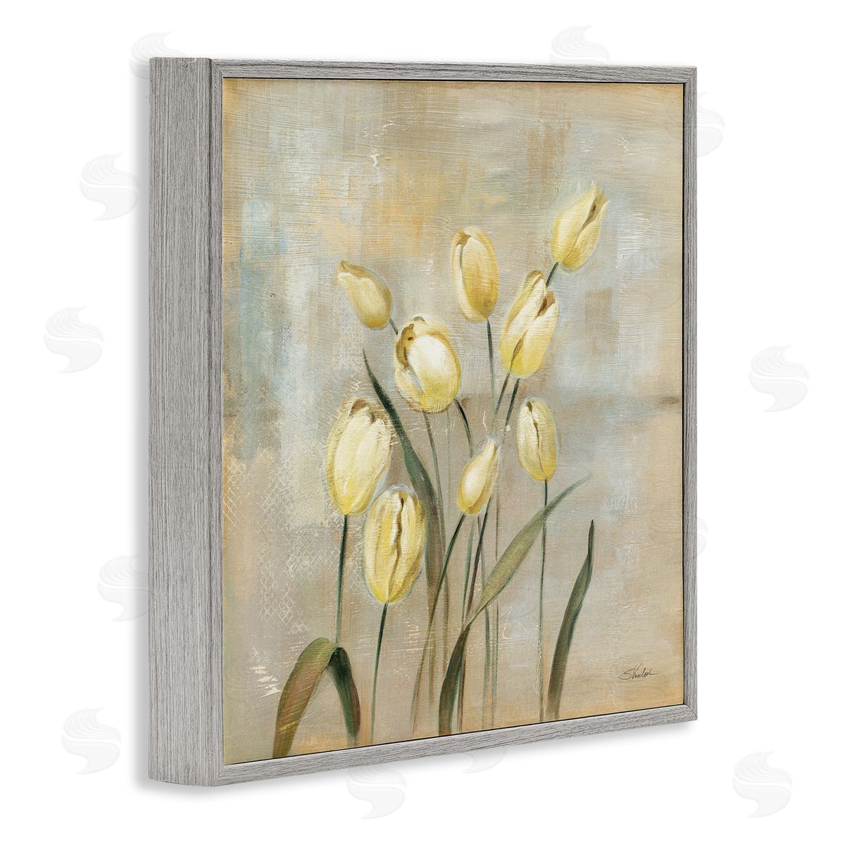Yellow Tulips on Beige Grey Frame Print Wall Art, Home Decor by Silvia Vassileva