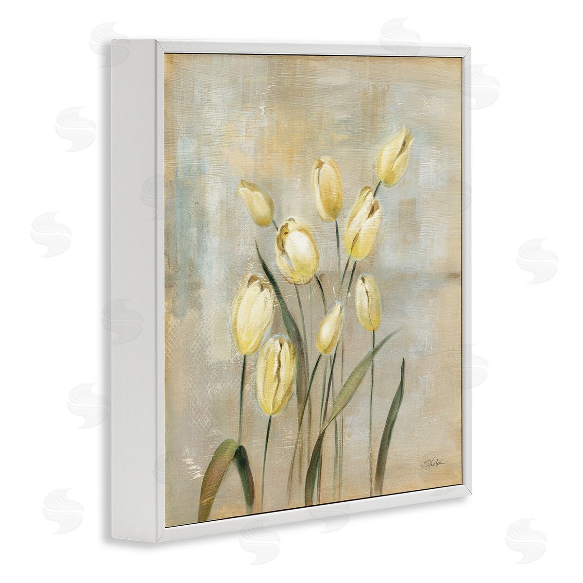Yellow Tulips on Beige White Frame Print Wall Art, Home Decor by Silvia Vassileva
