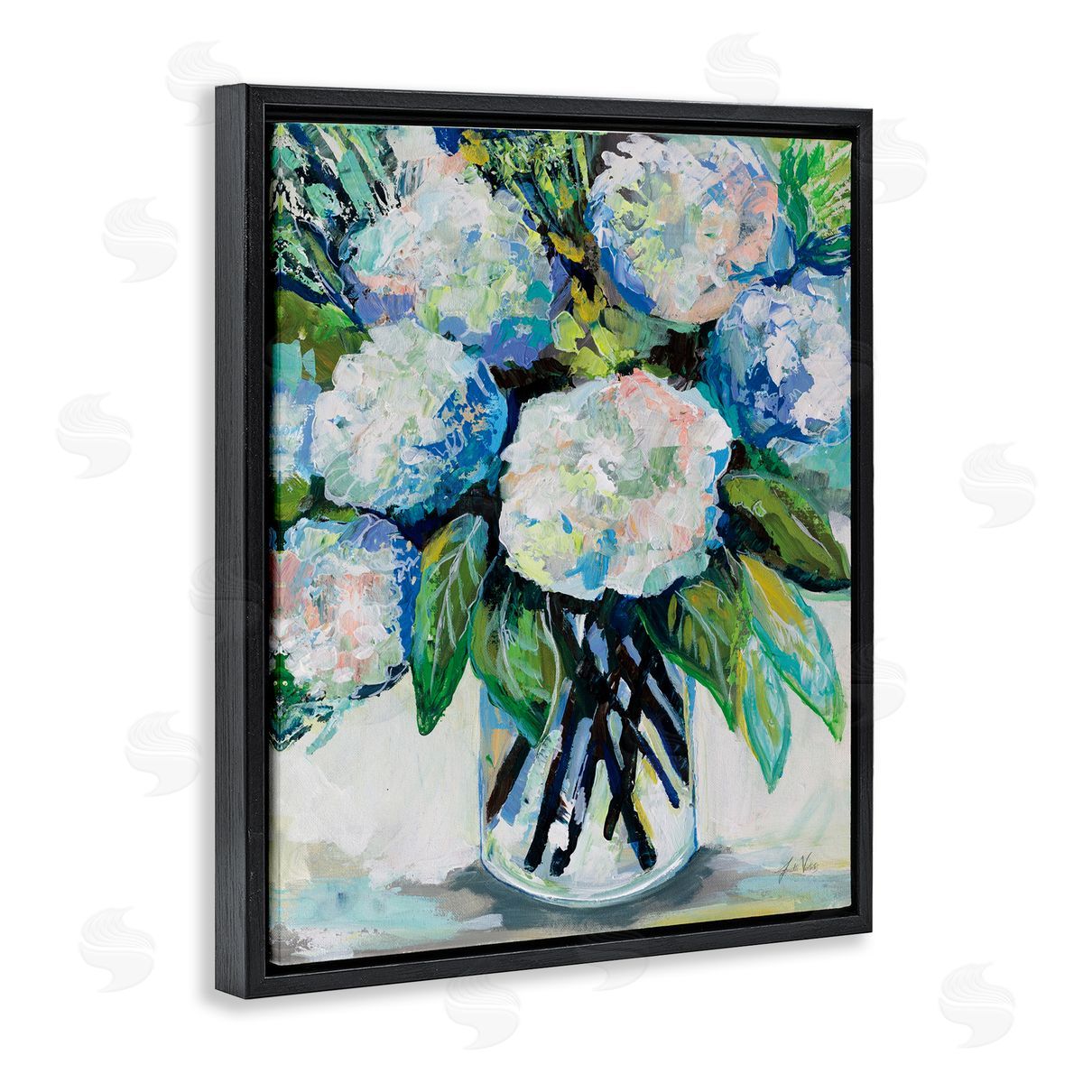 Abundant White Hydrangeas Black Floating Frame Canvas Wall Art, Home Decor by Jeanette Vertentes