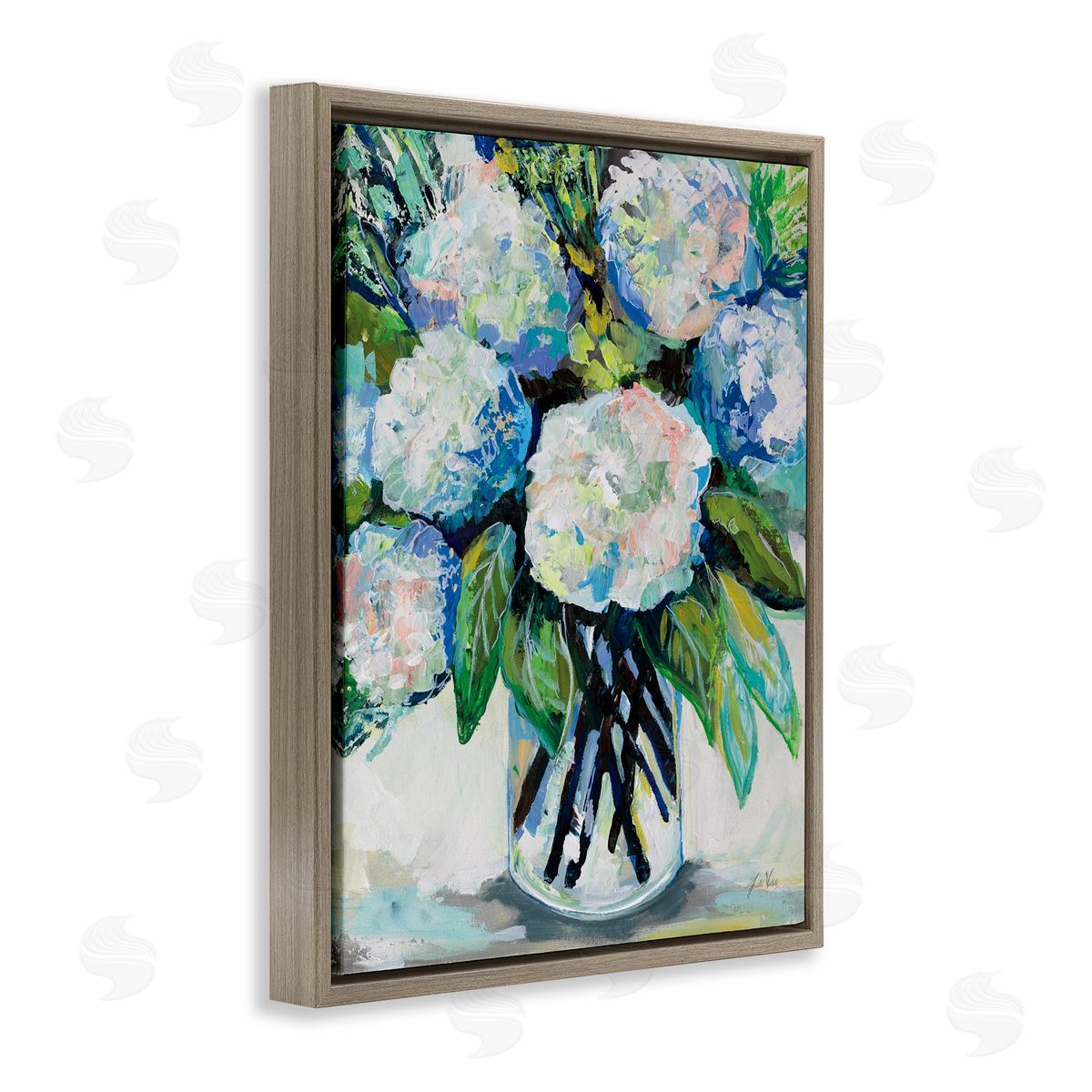 Abundant White Hydrangeas Brown Floating Frame Canvas Wall Art, Home Decor by Jeanette Vertentes