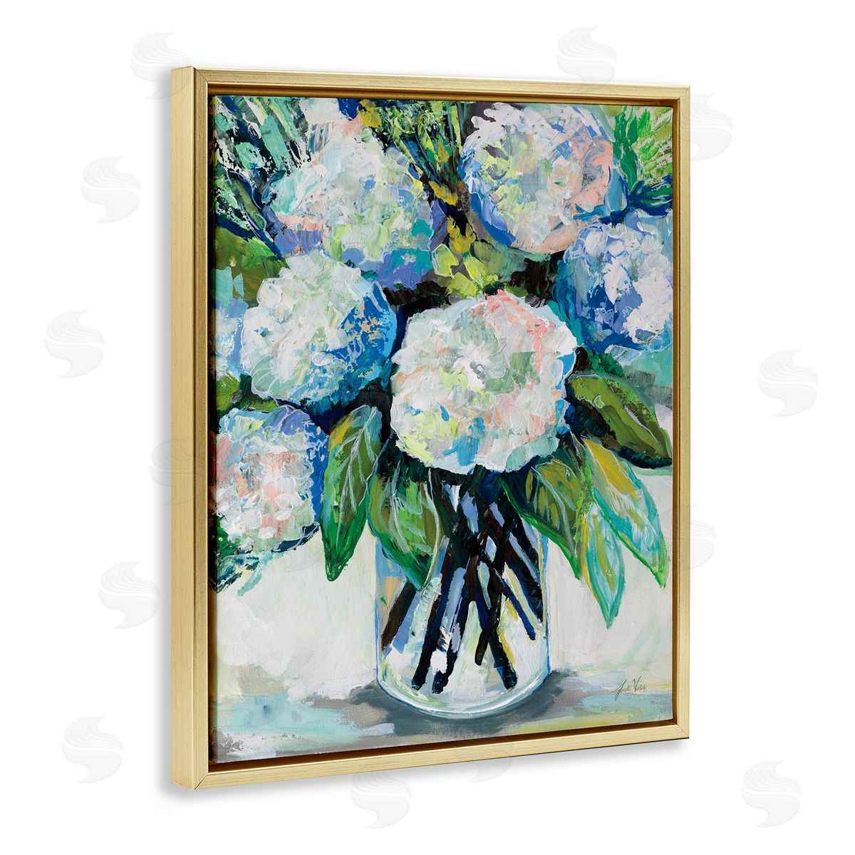 Abundant White Hydrangeas Gold Floating Frame Canvas Wall Art, Home Decor by Jeanette Vertentes