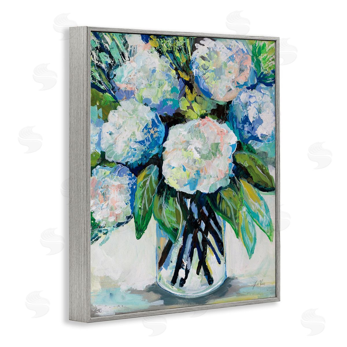 Abundant White Hydrangeas Grey Frame Print Wall Art, Home Decor by Jeanette Vertentes