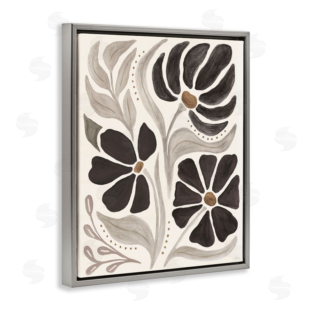 Boho Curved Petals Grey Floating Frame Canvas Wall Art, Home Decor by Veronique Charron