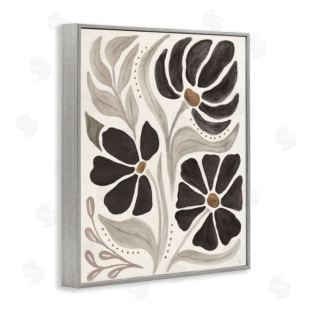 Boho Curved Petals Grey Frame Print Wall Art, Home Decor by Veronique Charron