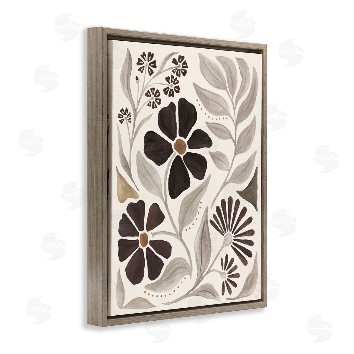 Curving Boho Plants Brown Floating Frame Canvas Wall Art, Home Decor by Veronique Charron
