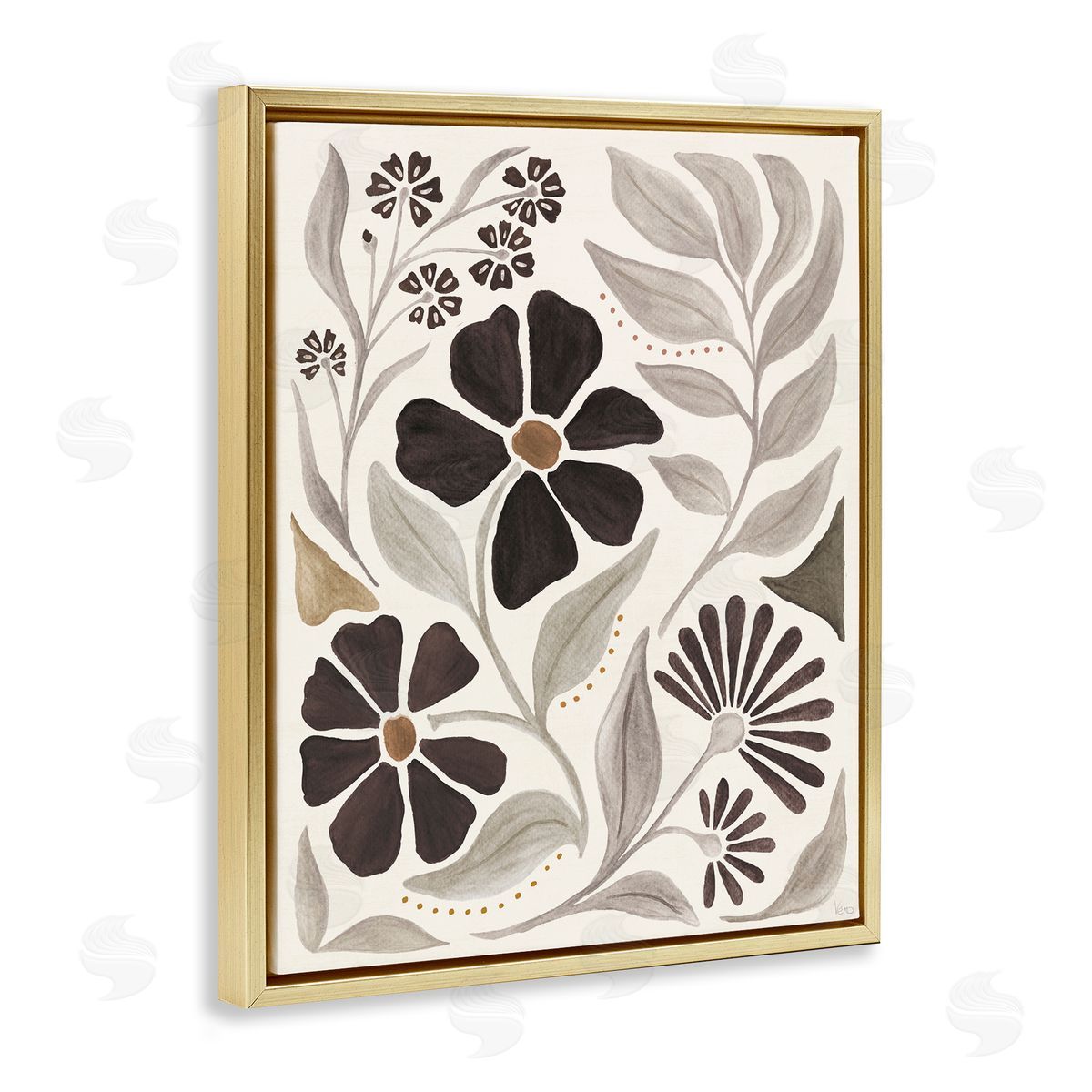 Curving Boho Plants Gold Floating Frame Canvas Wall Art, Home Decor by Veronique Charron