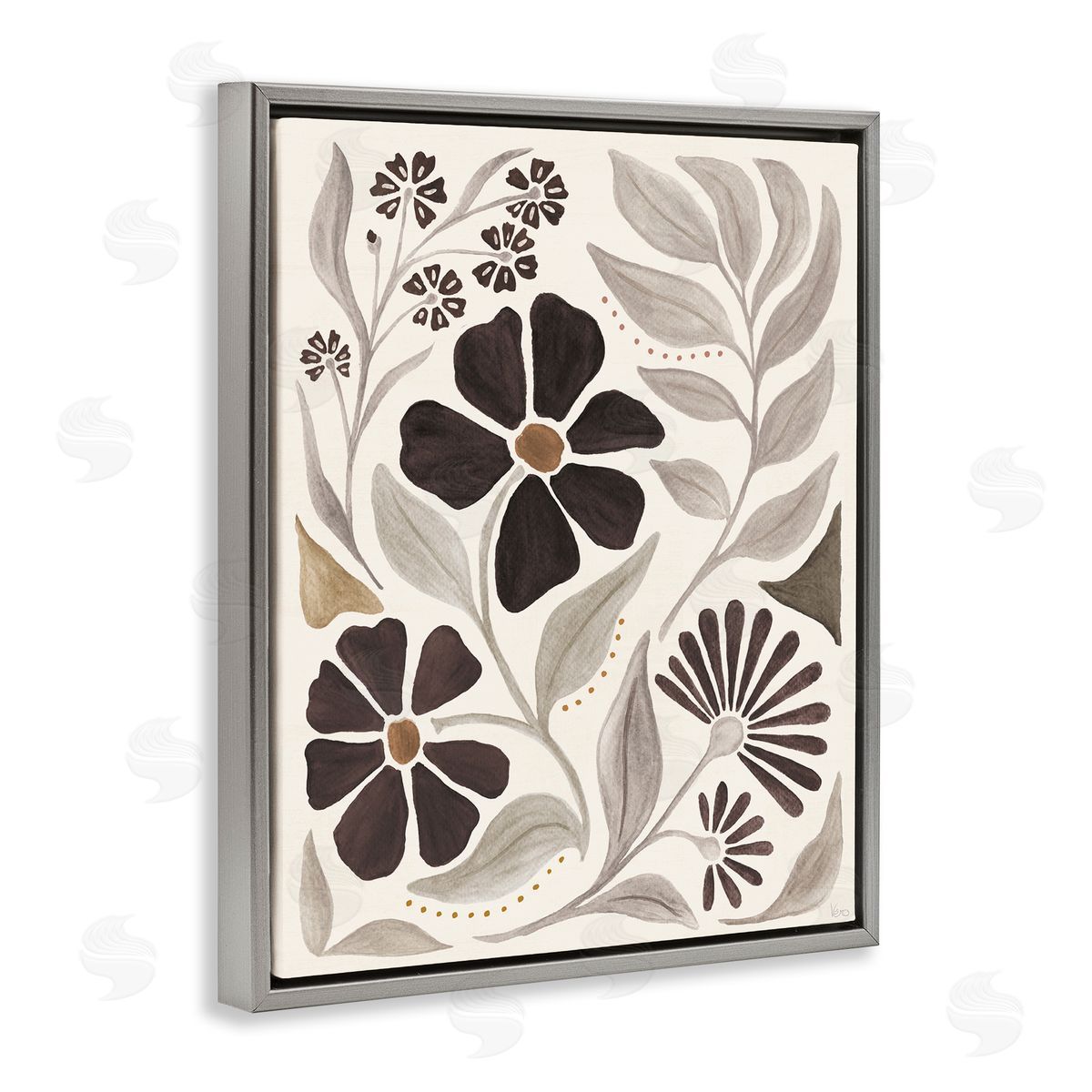 Curving Boho Plants Grey Floating Frame Canvas Wall Art, Home Decor by Veronique Charron