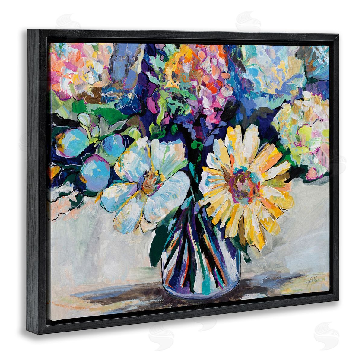 Exciting Times Bouquet Black Floating Frame Canvas Wall Art, Home Decor by Jeanette Vertentes