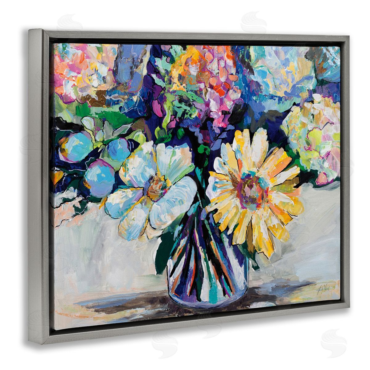 Exciting Times Bouquet Grey Floating Frame Canvas Wall Art, Home Decor by Jeanette Vertentes