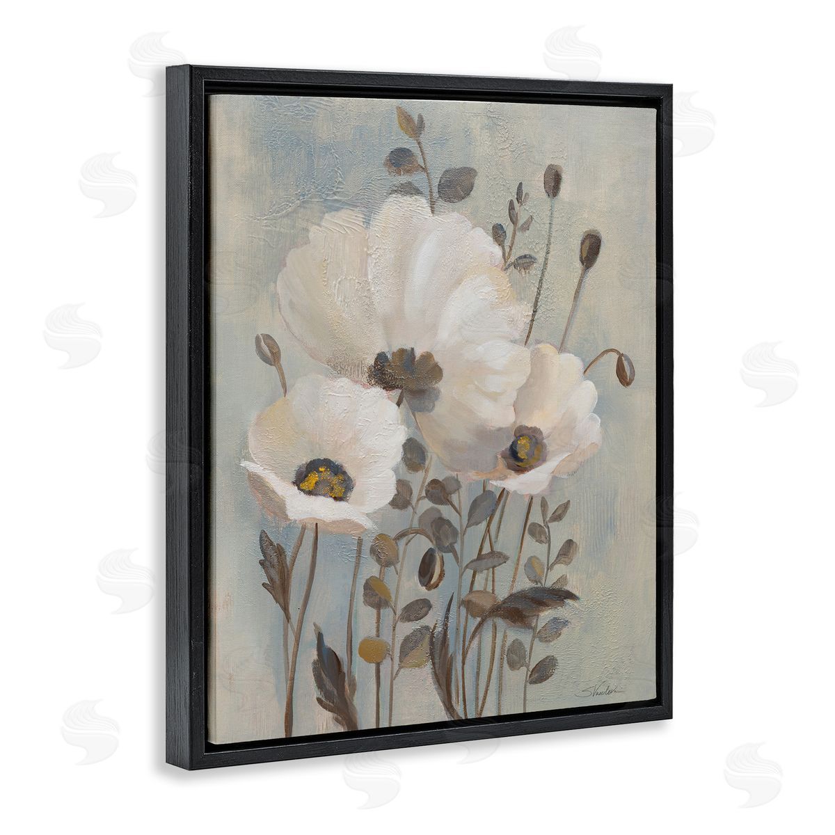 Traditional Neutral Poppies Black Floating Frame Canvas Wall Art, Home Decor by Silvia Vassileva