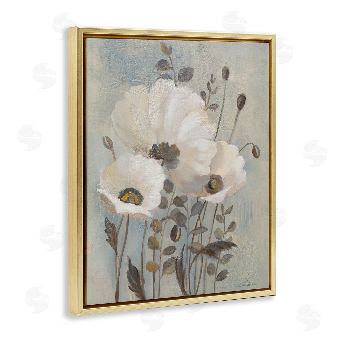 Traditional Neutral Poppies Gold Floating Frame Canvas Wall Art, Home Decor by Silvia Vassileva