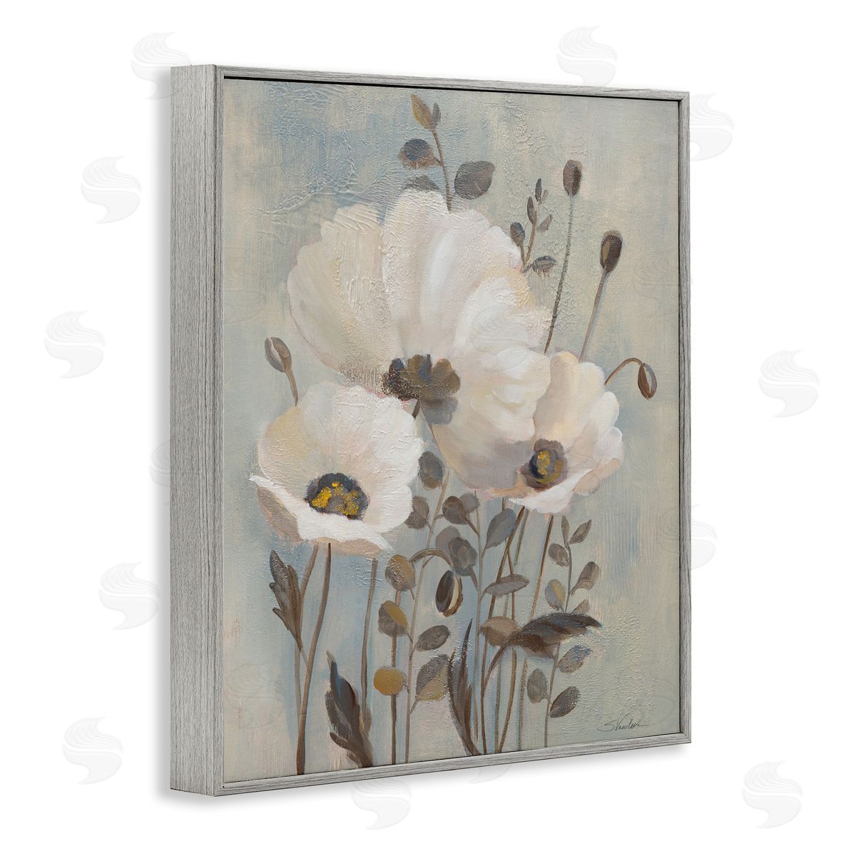 Traditional Neutral Poppies Grey Frame Print Wall Art, Home Decor by Silvia Vassileva
