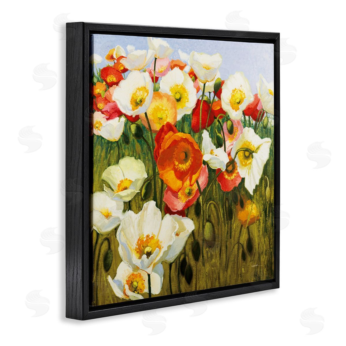 Lush Poppy Meadow Black Floating Frame Canvas Wall Art, Home Decor by Shirley Novak