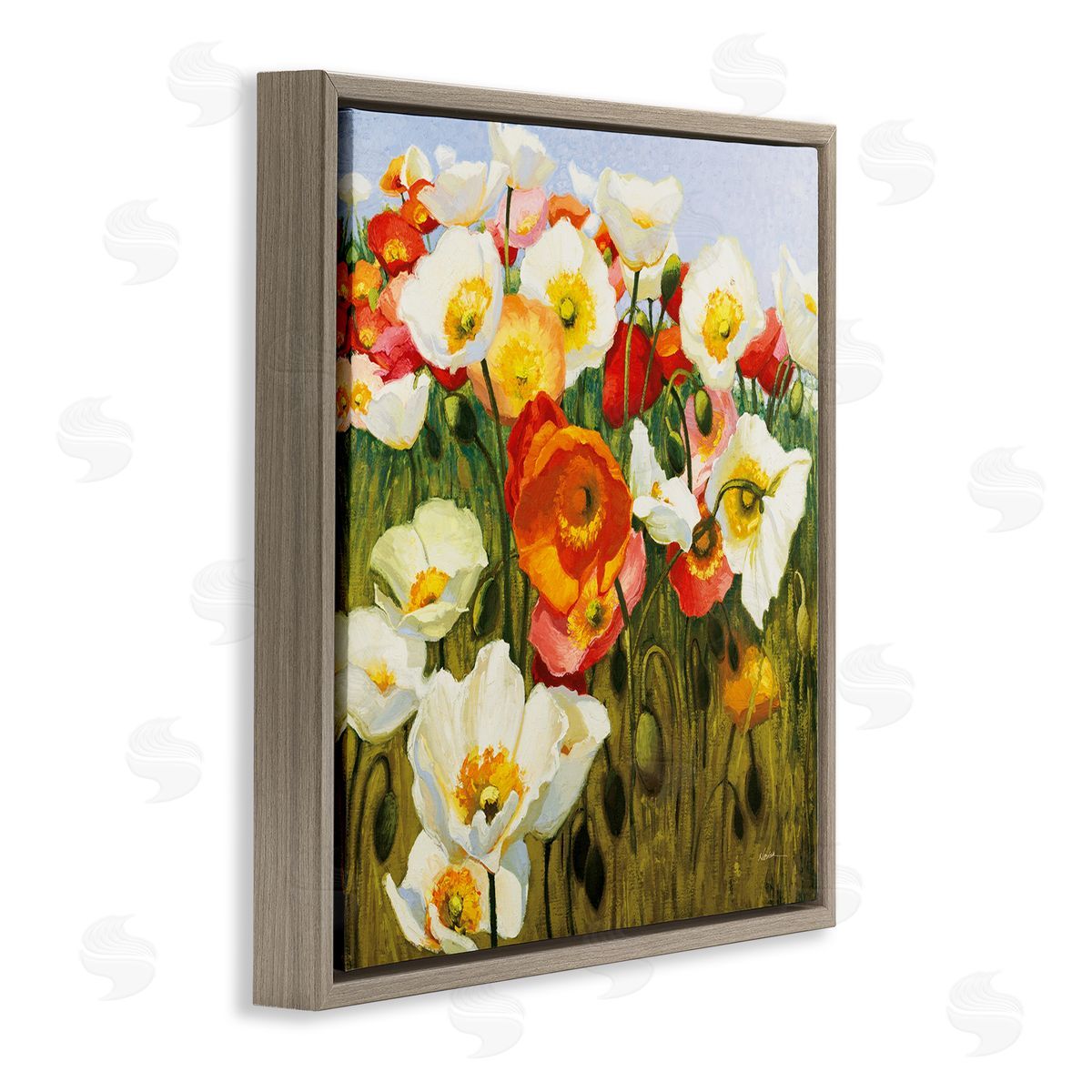 Lush Poppy Meadow Brown Floating Frame Canvas Wall Art, Home Decor by Shirley Novak