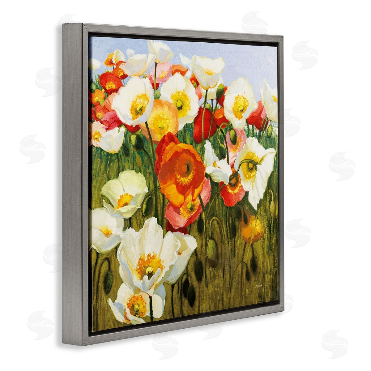 Lush Poppy Meadow Grey Floating Frame Canvas Wall Art, Home Decor by Shirley Novak