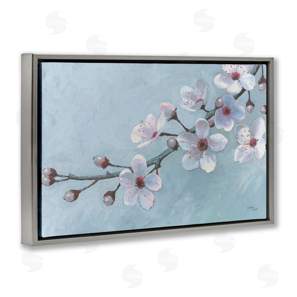 Branch of Blossoms Grey Floating Frame Canvas Wall Art, Home Decor by Wellington Studio