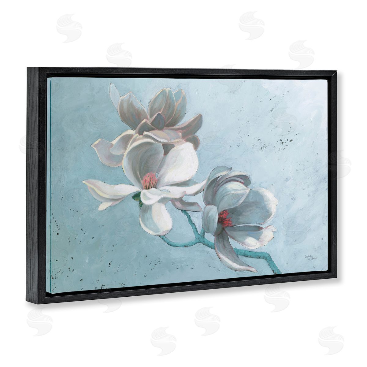 Magnolia Branch on Blue Black Floating Frame Canvas Wall Art, Home Decor by Wellington Studio