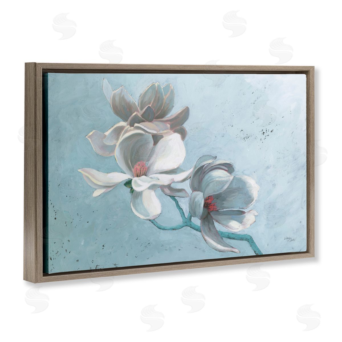 Magnolia Branch on Blue Brown Floating Frame Canvas Wall Art, Home Decor by Wellington Studio