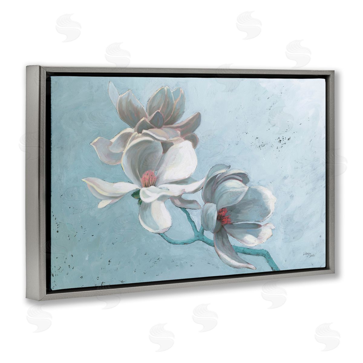 Magnolia Branch on Blue Grey Floating Frame Canvas Wall Art, Home Decor by Wellington Studio