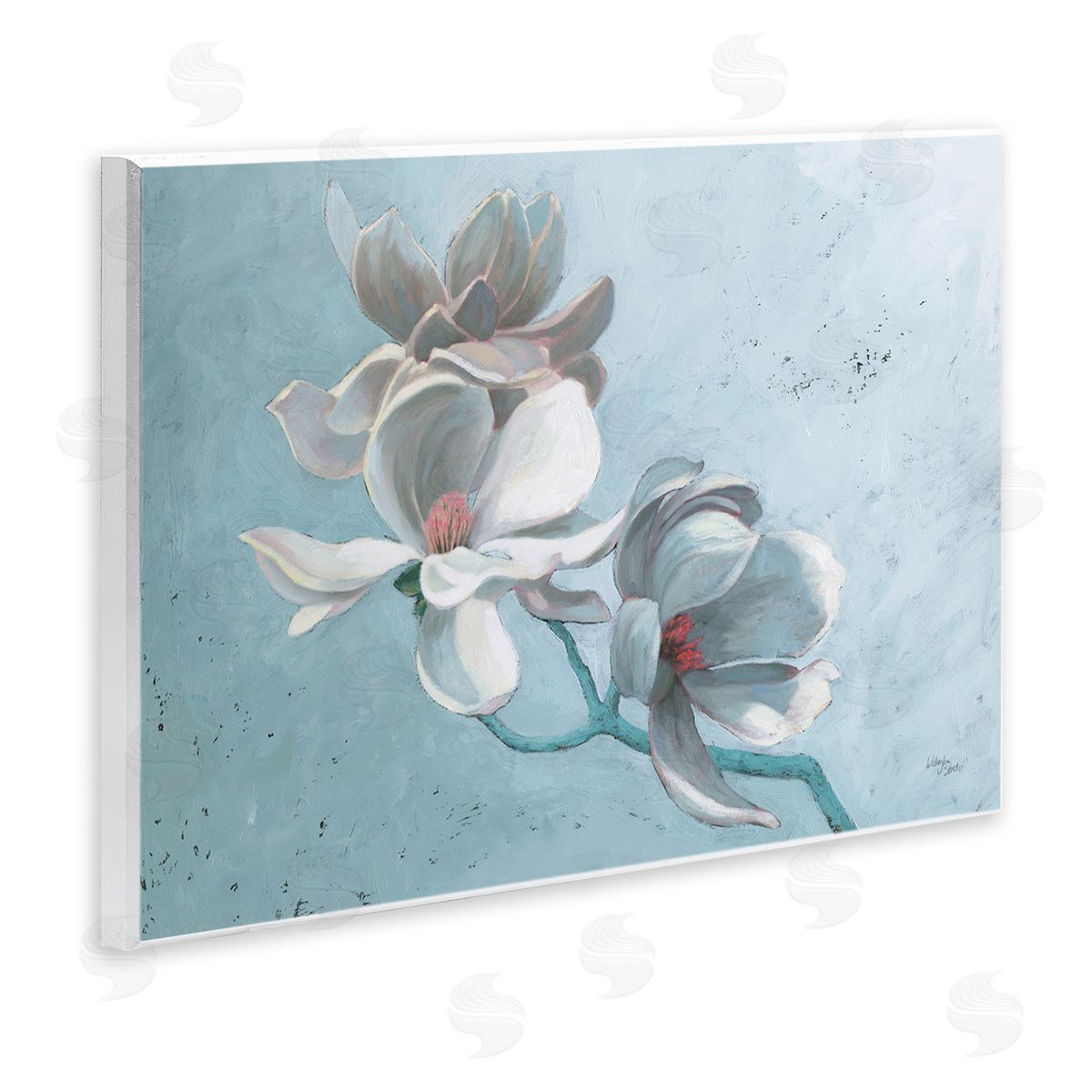 Magnolia Branch on Blue Wood Plaque Wall Art, Home Decor by Wellington Studio