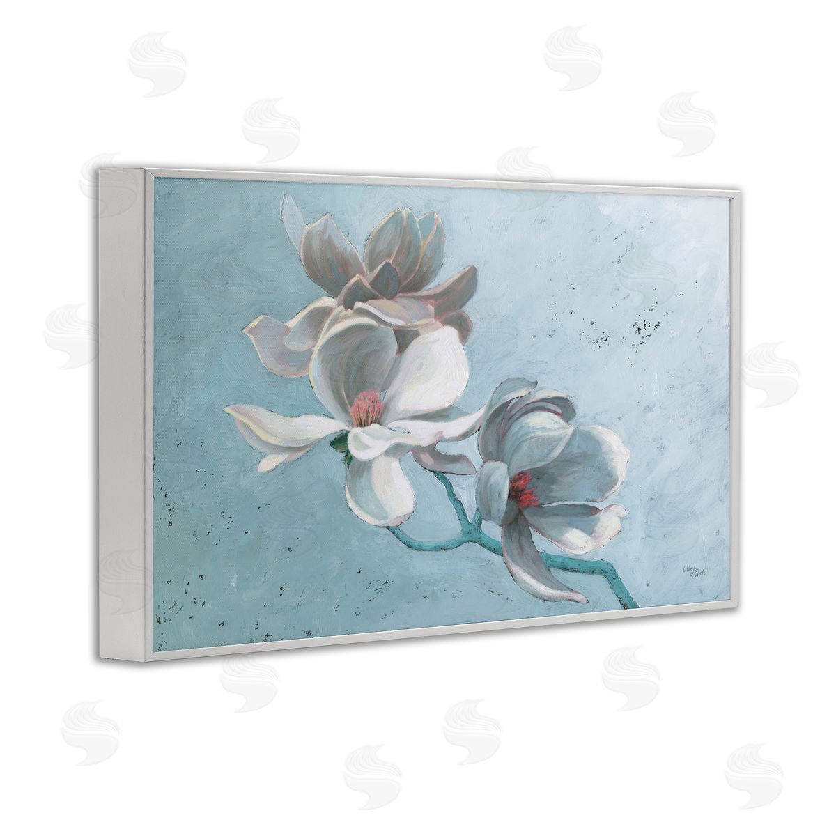 Magnolia Branch on Blue White Frame Print Wall Art, Home Decor by Wellington Studio