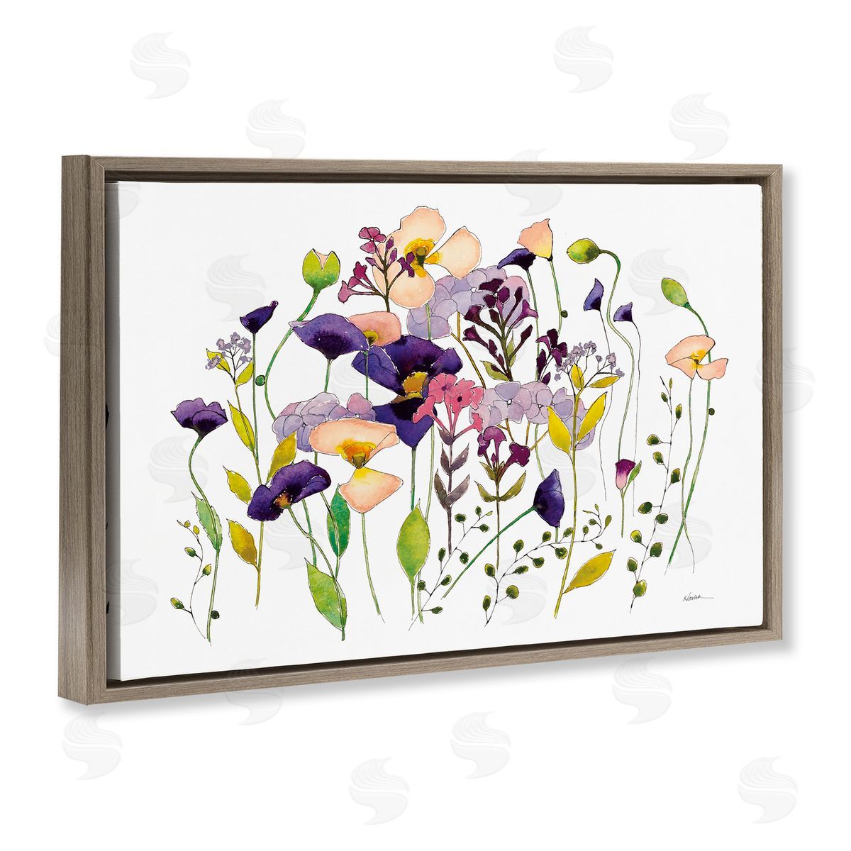 Purple Poppy Sprigs Brown Floating Frame Canvas Wall Art, Home Decor by Shirley Novak